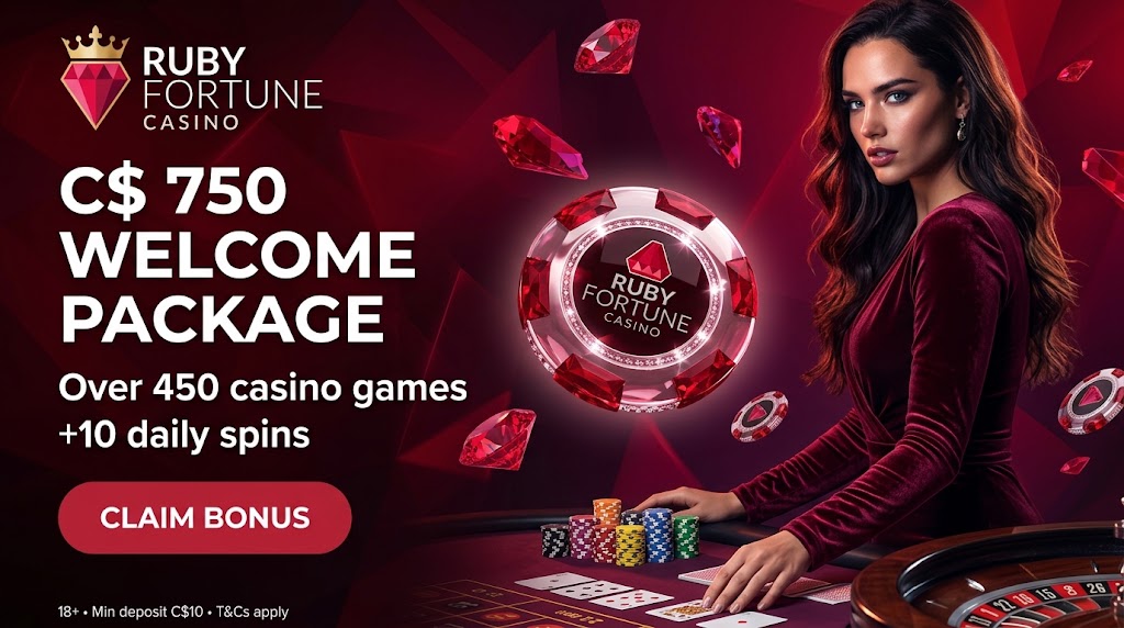 Ruby Fortune welcome package: up to C$ 750 plus 10 daily spins